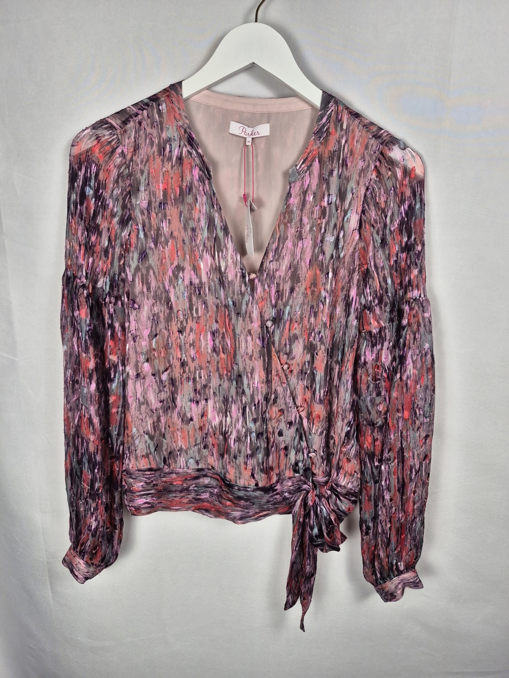 Parker Pink Multi-Color Silk Blend Pink Abstract Design Tie-Waist Blouse